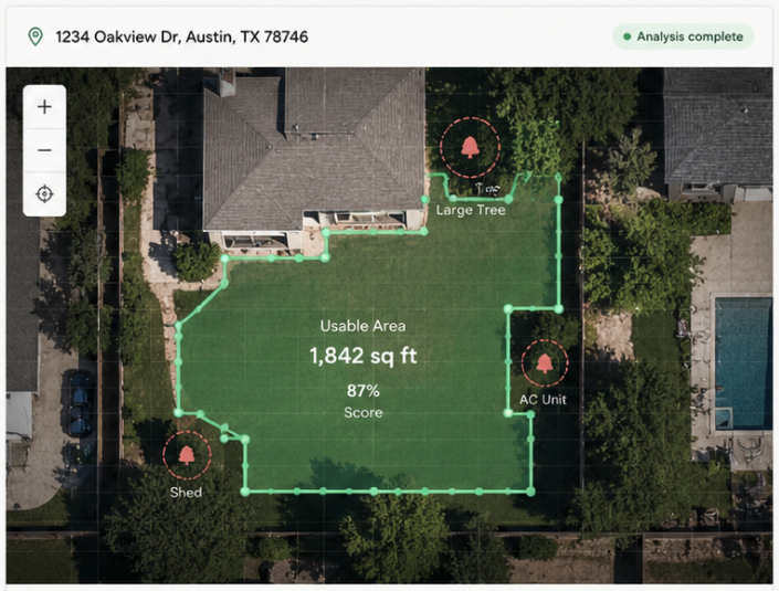 Aerial property pre-check showing usable space and visible constraints